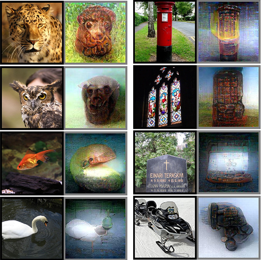 図:被験者が見た写真(1・3列目)と、被験者のfMRI脳活動シグナルのみから再構築した画像(2・4列目)。